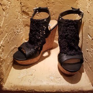 Black Crochet Detailed Cork Platform Wedges